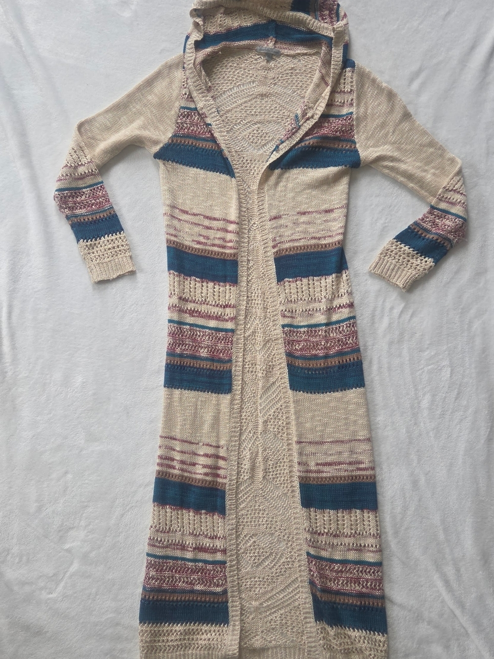 Women’s Long Hooded Boho Knit Cardigan Sweater - Cream with Blue & Mauve Stripes